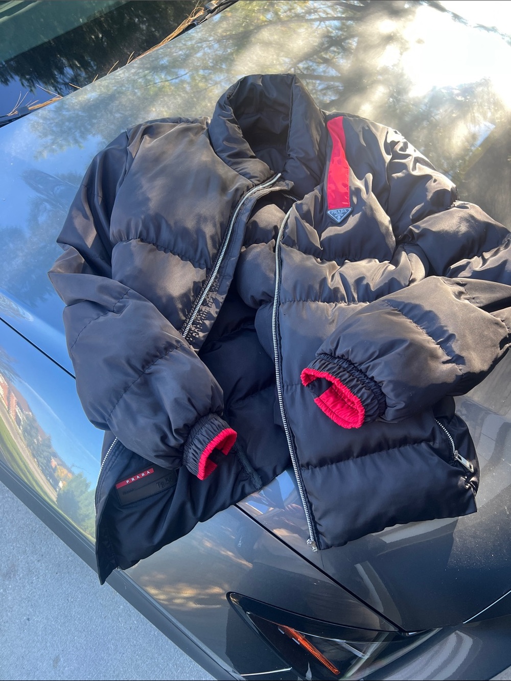 Prada Men XL Black Puffer Jacket with Red Trim